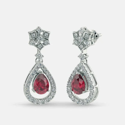 Red Ruby Diamond Earrings - 925 Silver