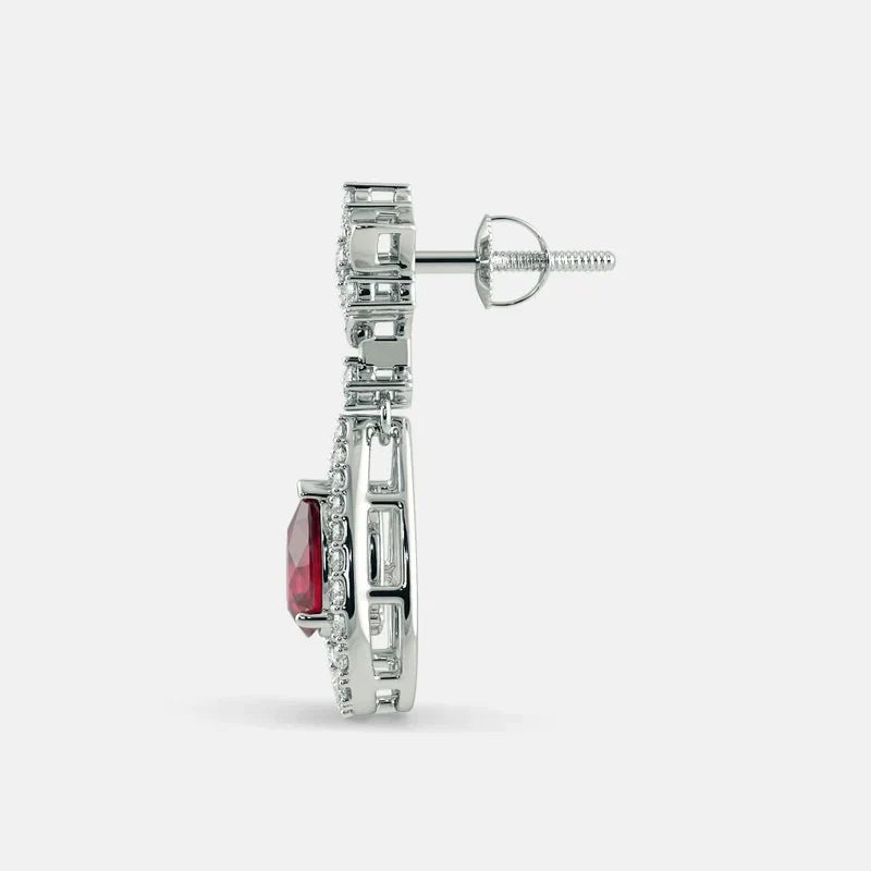 Red Ruby Diamond Earrings - 925 Silver